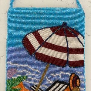 Vintage Beaded Shoulder Bag Purse Blue Crossbody Strap Beach Scene Summer EUC